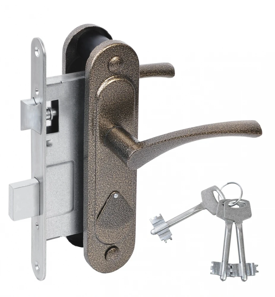 Фото Замок врезной сувальдный с защёлкой в комплекте с ручкой ЗВ9.2-07 (бронза), 3 кл.