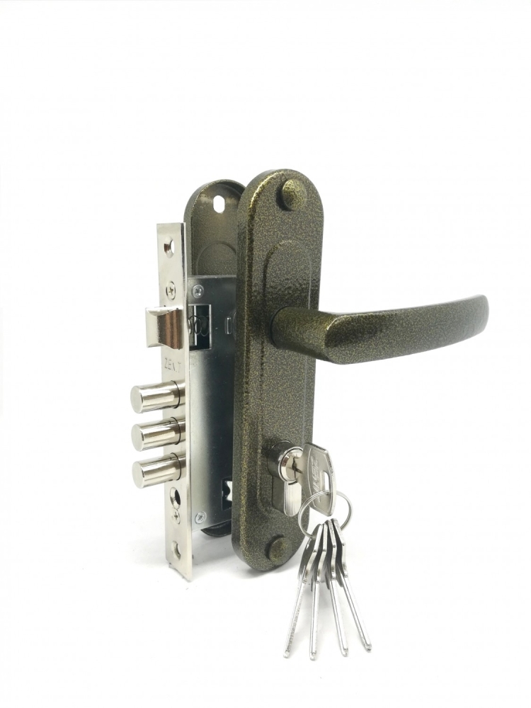 Фото Замок врезной цилиндровый с защёлкой в комплекте с ручкой ЗВ7-60.1-02 (бронза), 5 кл.