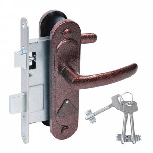 Замок врезной сувальдный с защёлкой в комплекте с ручкой ЗВ9.2-08 (медь антик), 3 кл.